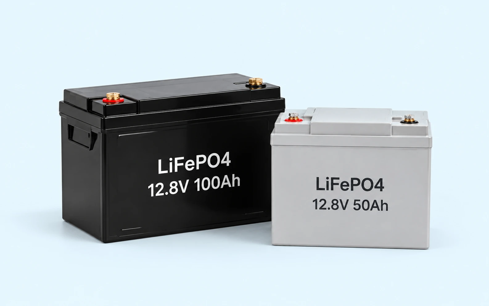 12.8V 100Ah and 12.8V 50Ah LiFePO4 battery illustration