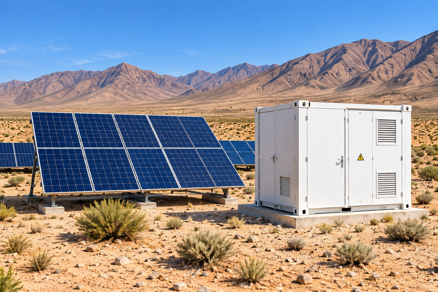 Illustration of solar panels and battery storage in a remote landscape